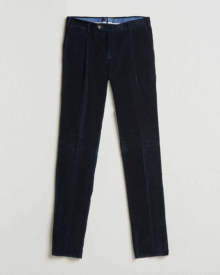 Herr | Byxor | PT01 | Slim Fit Pleated Corduroy Trousers Navy