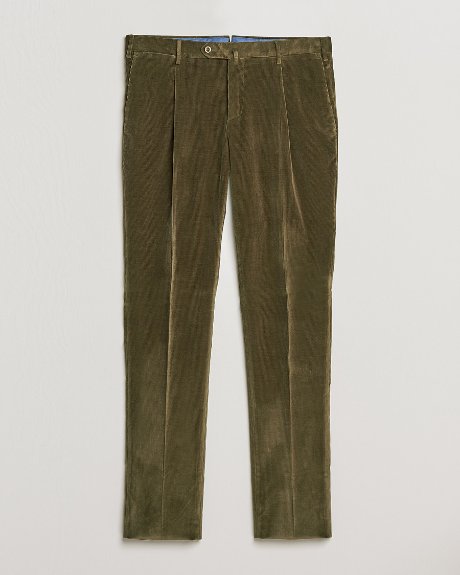 Herr | Byxor | PT01 | Slim Fit Pleated Corduroy Trousers Forest Green