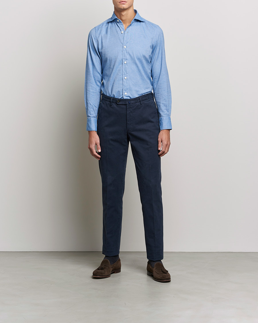 Herr | Skjortor | Finamore Napoli | Tokyo Slim Flannel Shirt Light Blue