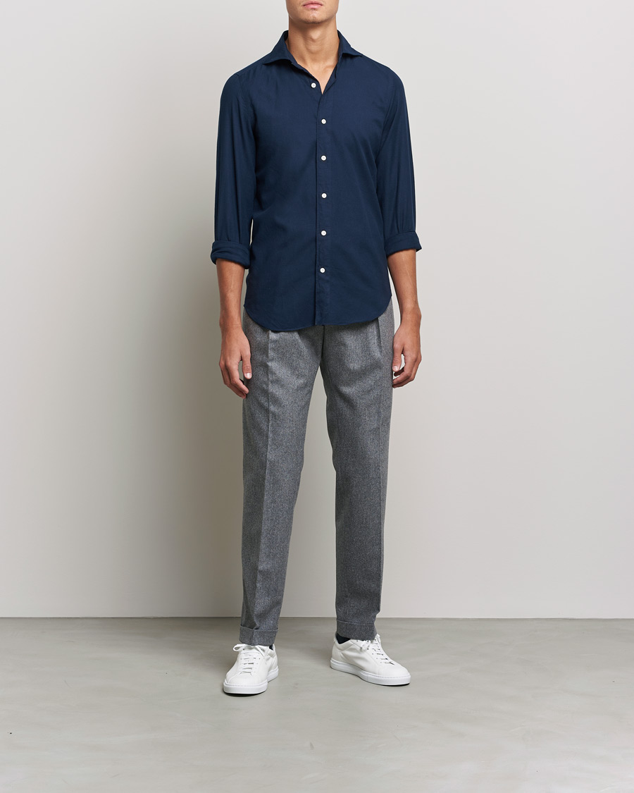 Herr | Skjortor | Finamore Napoli | Tokyo Slim Flannel Shirt Navy