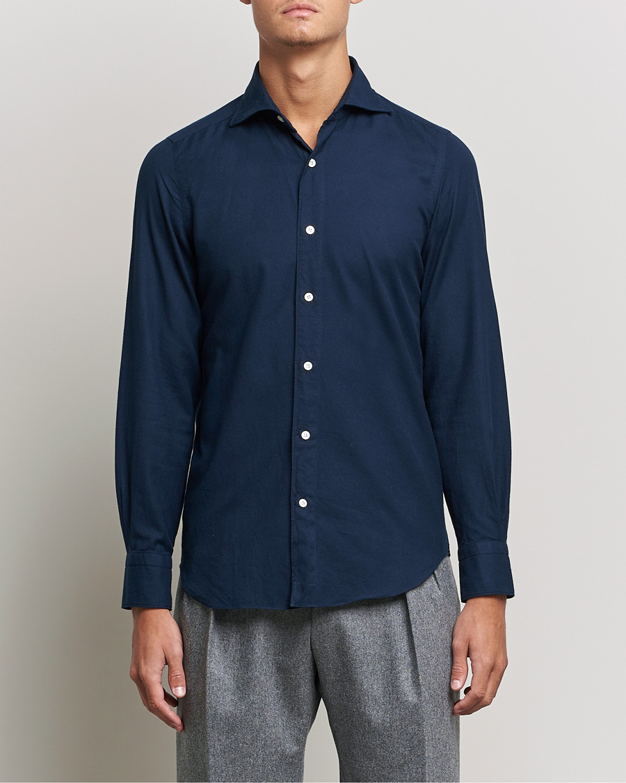 Herr | Skjortor | Finamore Napoli | Tokyo Slim Flannel Shirt Navy