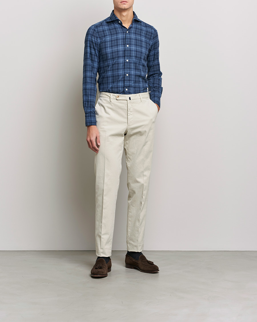 Herr | Skjortor | Finamore Napoli | Tokyo Slim Light Flannel Shirt Navy Check