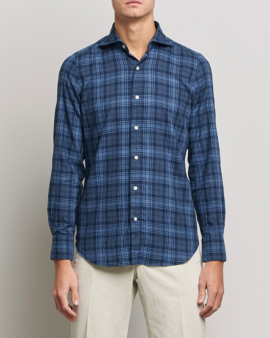 Herr | Skjortor | Finamore Napoli | Tokyo Slim Light Flannel Shirt Navy Check