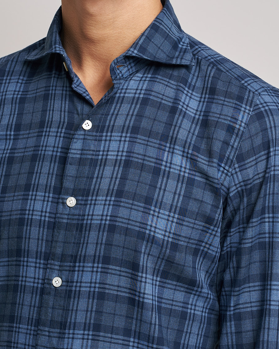 Herr | Skjortor | Finamore Napoli | Tokyo Slim Light Flannel Shirt Navy Check