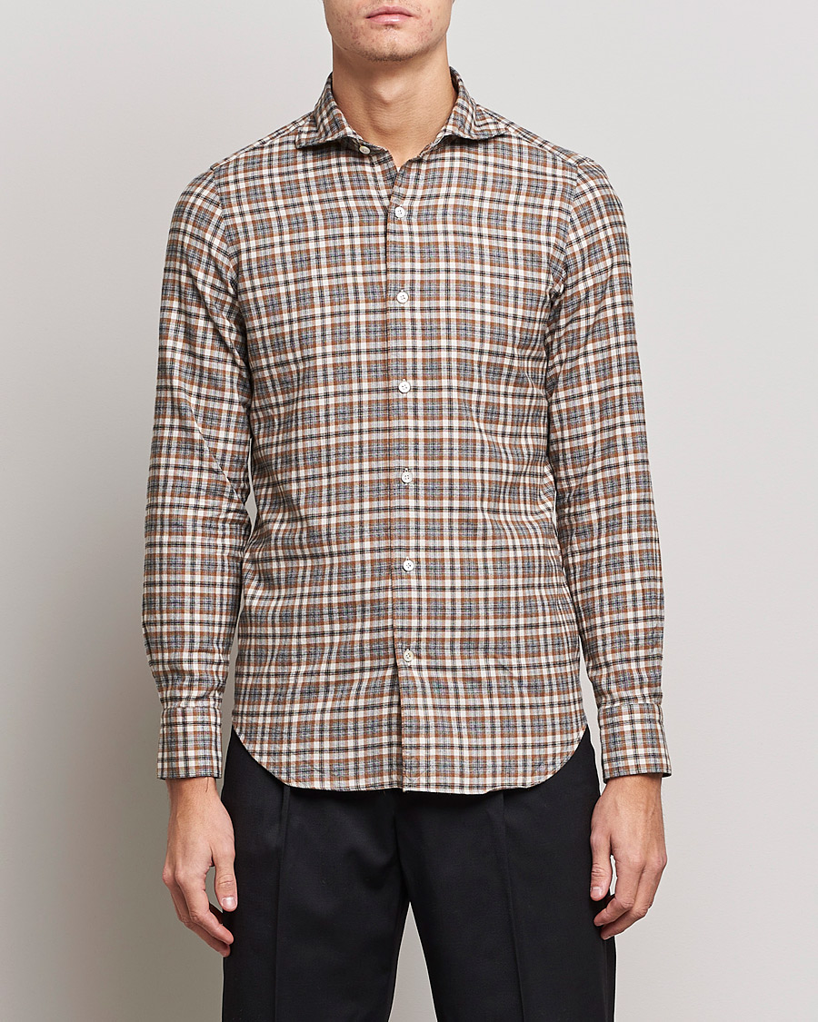Herr | Flanellskjortor | Finamore Napoli | Tokyo Slim Light Flannel Shirt Brown Check