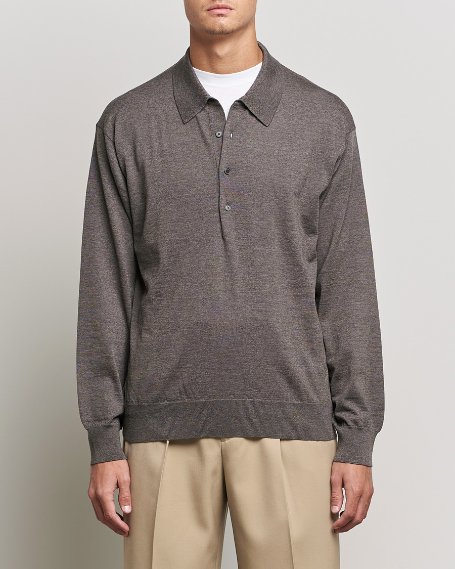 Herr | Tröjor | Auralee | Knitted Wool Polo Dark Brown