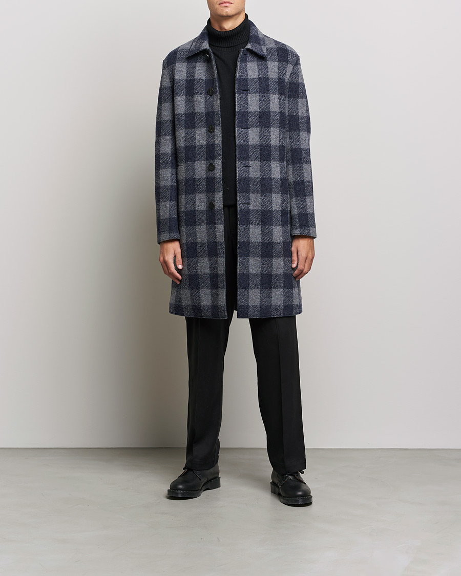 Herr | Rockar | Harris Wharf London | Vichy Fleece Lined Mac Coat Blue/Grey