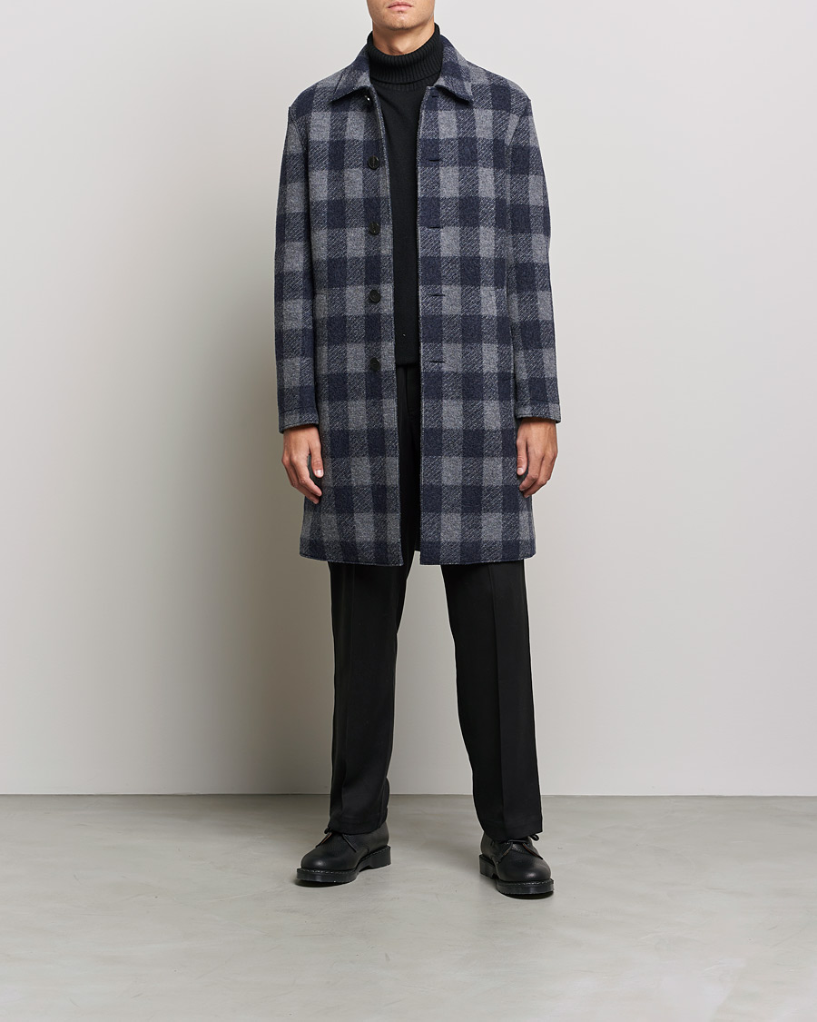 Herr | Jackor | Harris Wharf London | Vichy Fleece Lined Mac Coat Blue/Grey