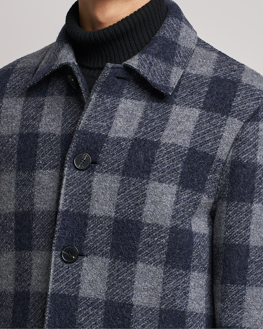 Herr | Jackor | Harris Wharf London | Vichy Fleece Lined Mac Coat Blue/Grey