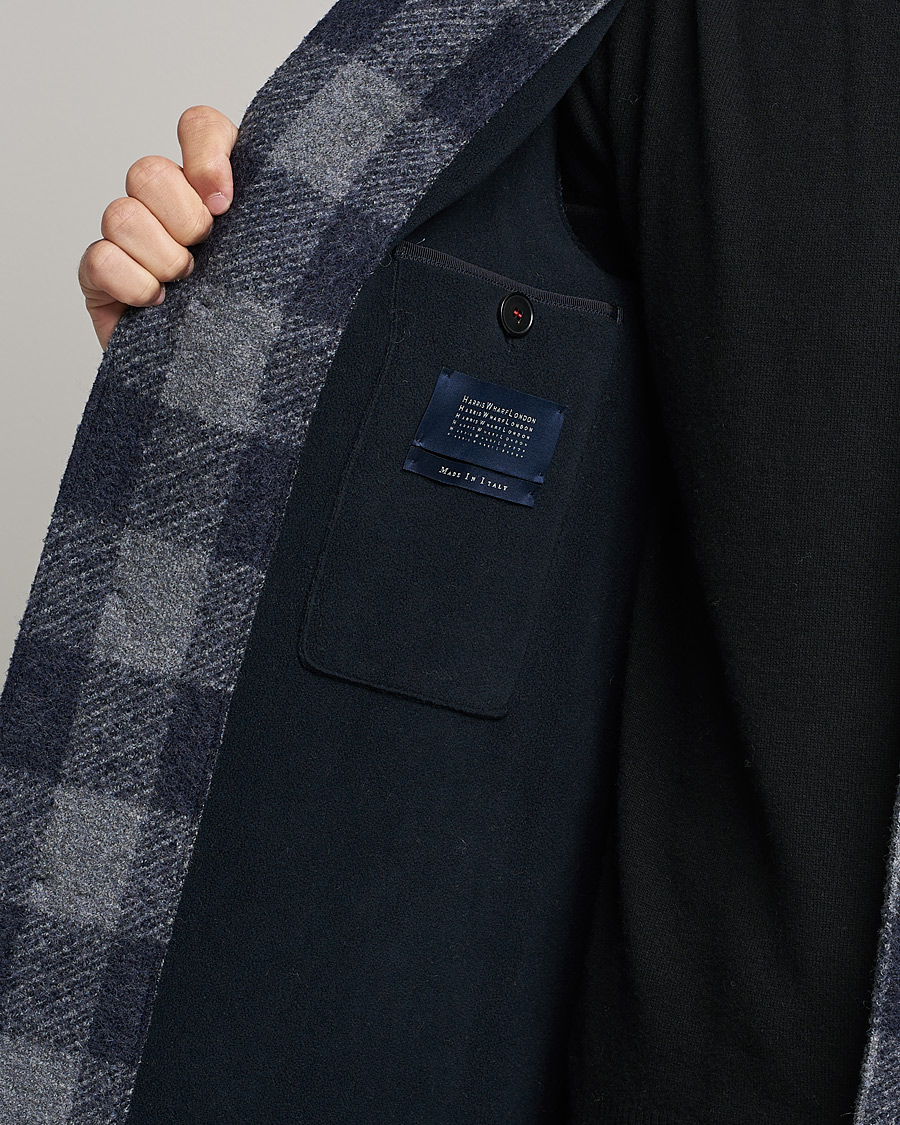 Herr | Jackor | Harris Wharf London | Vichy Fleece Lined Mac Coat Blue/Grey
