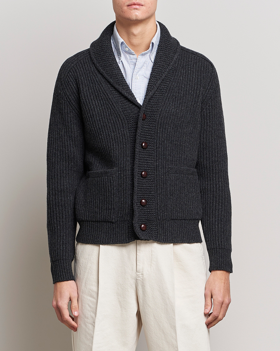 Herr | Cardigans | Drake's | Lambswool 6-Ply Shawl Collar Cardigan Grey