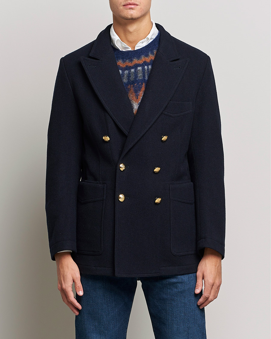 Herr | Kavajer | Drake's | MKIII Double Breasted Wool/Flannel Blazer Navy