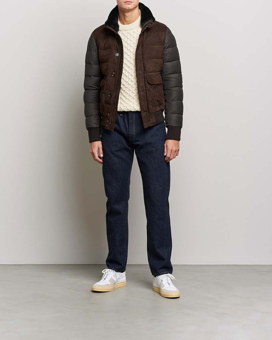 Herr | Jackor | MooRER | Fantoni Wool/Cashmere Suede Bomber Jacket Dark Brown