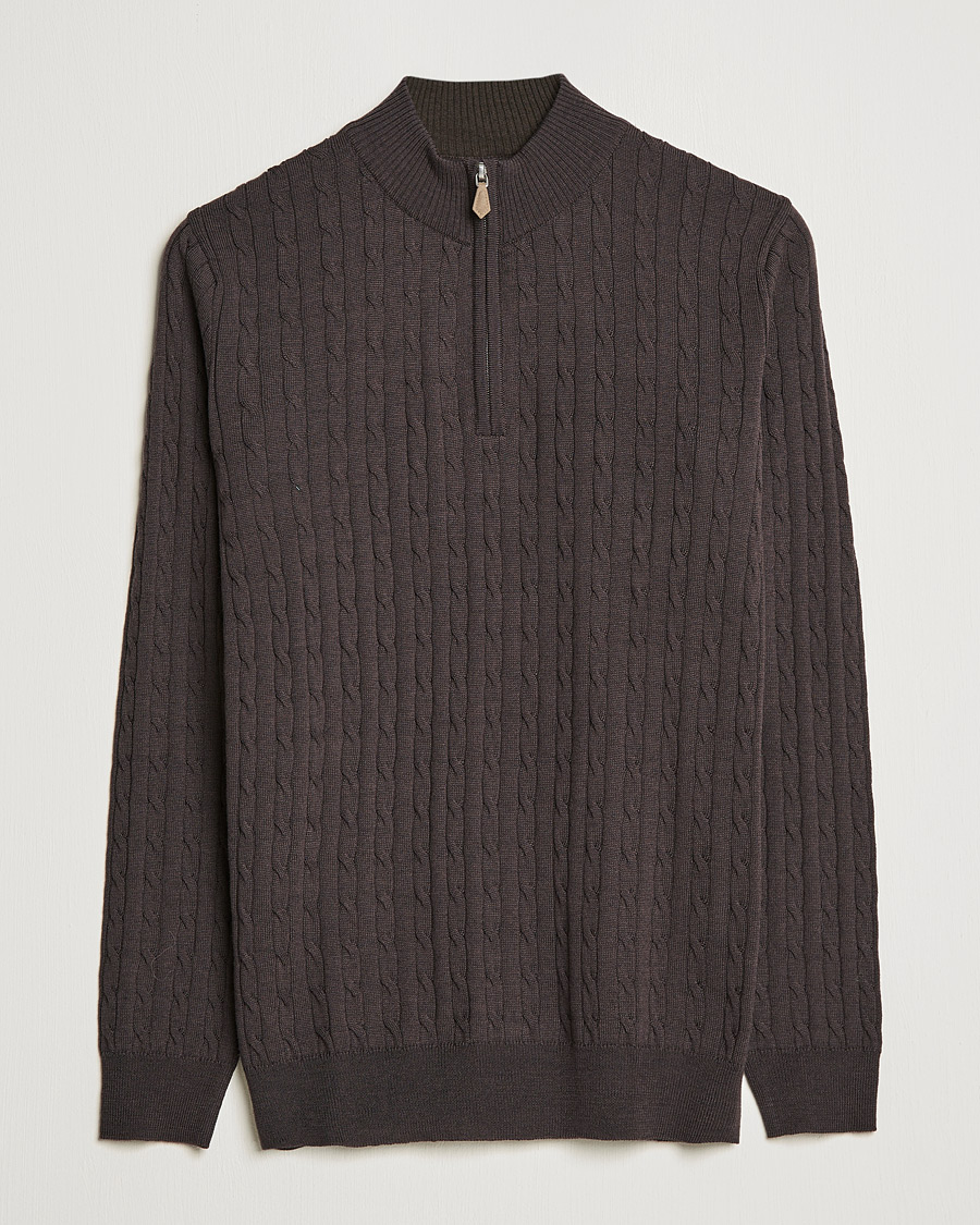 Herr | Tröjor | Stenströms | Merino Wool Cable Half Zip Dark Brown