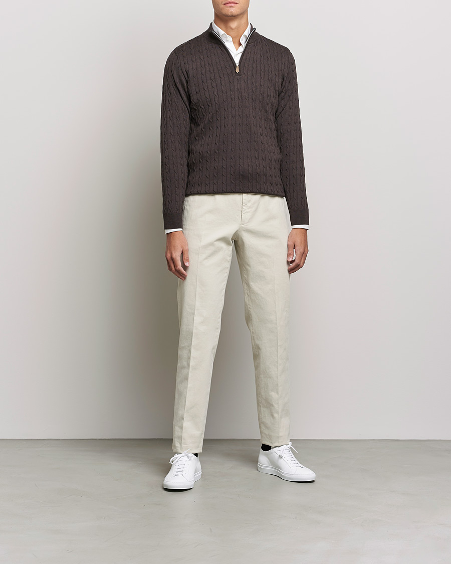 Herr | Tröjor | Stenströms | Merino Wool Cable Half Zip Dark Brown