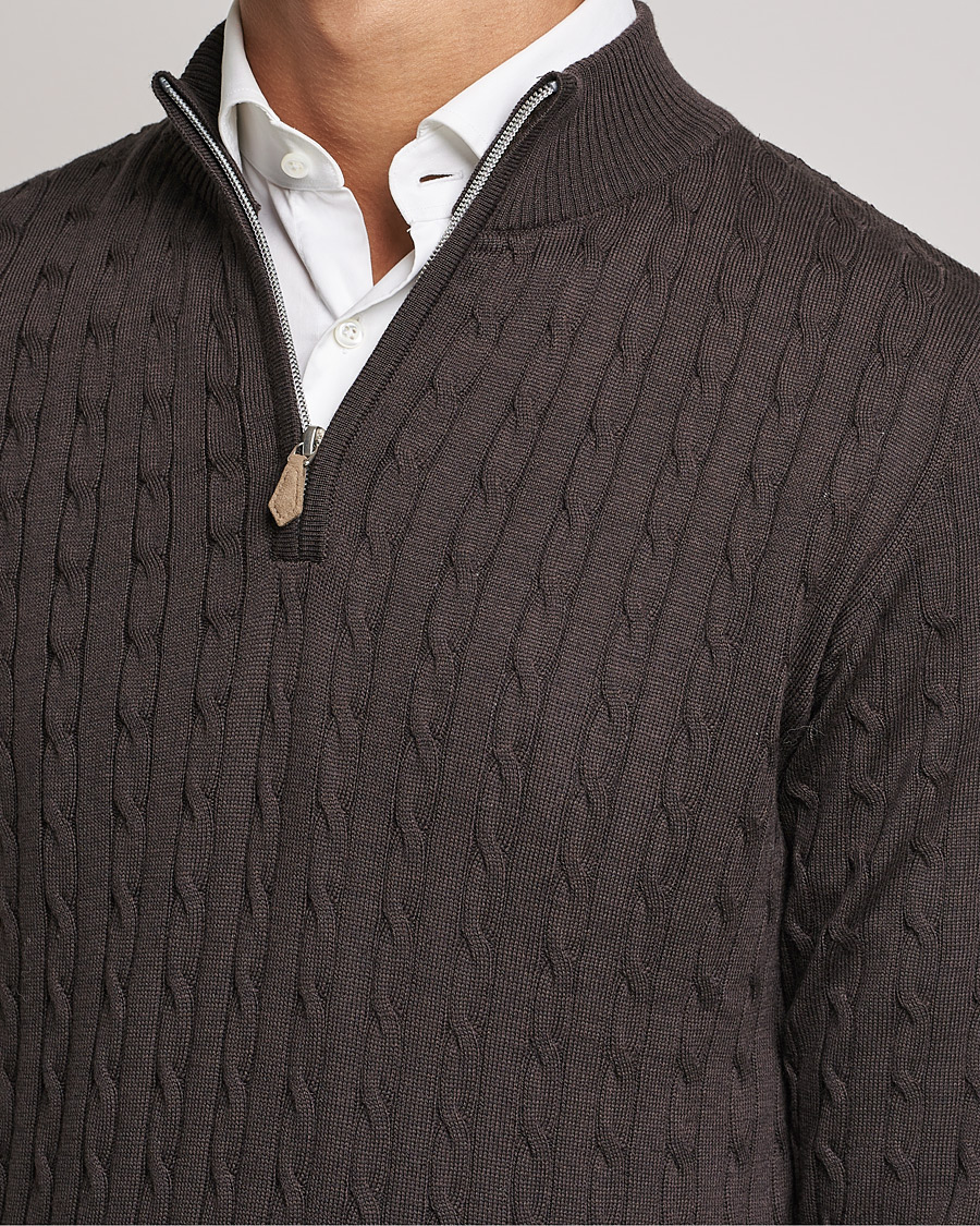 Herr | Tröjor | Stenströms | Merino Wool Cable Half Zip Dark Brown