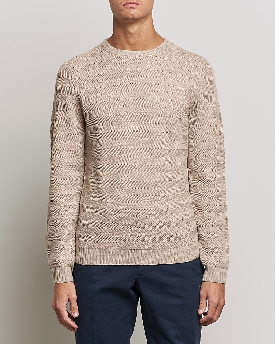 Herr | Tröjor | Stenströms | Merino/Cashmere Herringbone Crew Neck Beige