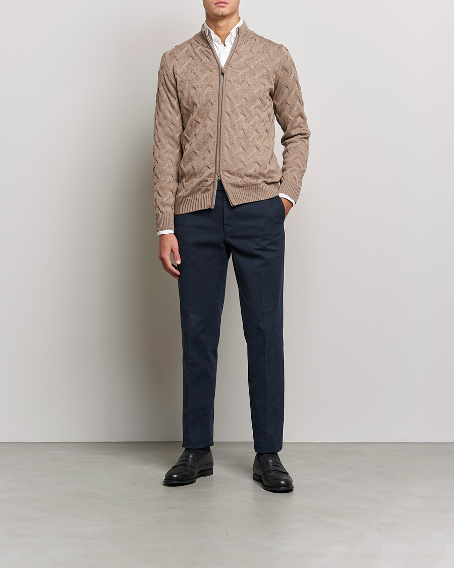 Herr | Tröjor | Stenströms | Heavy Cable Merino Full Zip Cardigan Camel