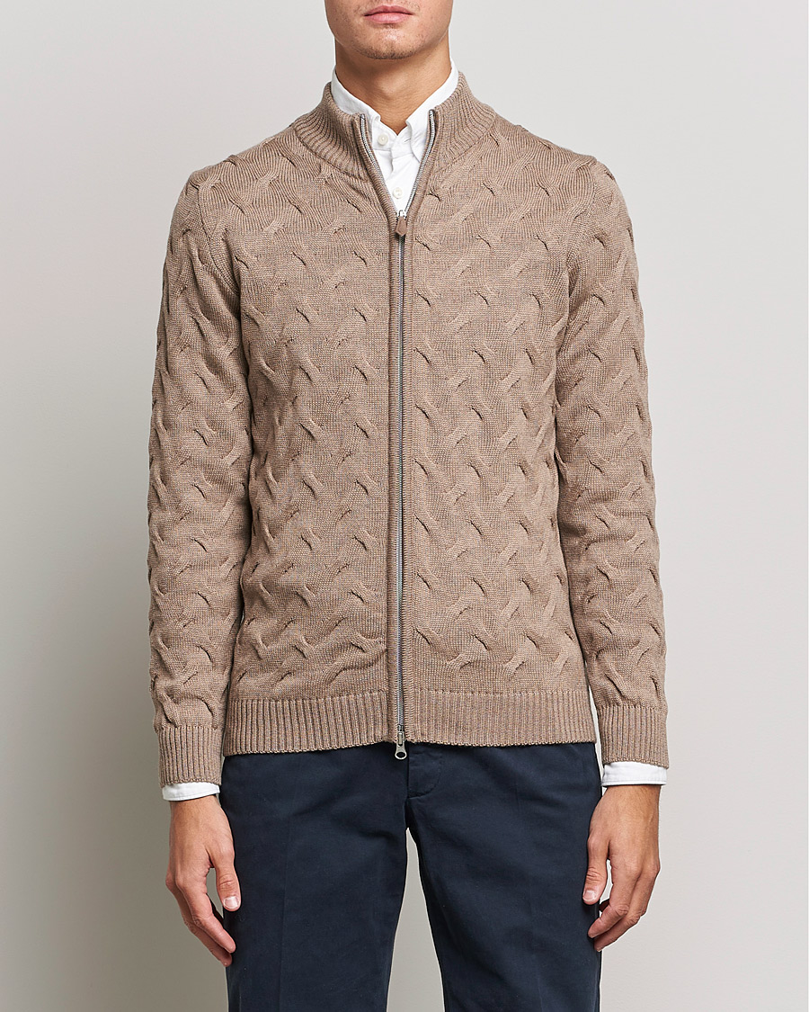 Herr | Tröjor | Stenströms | Heavy Cable Merino Full Zip Cardigan Camel