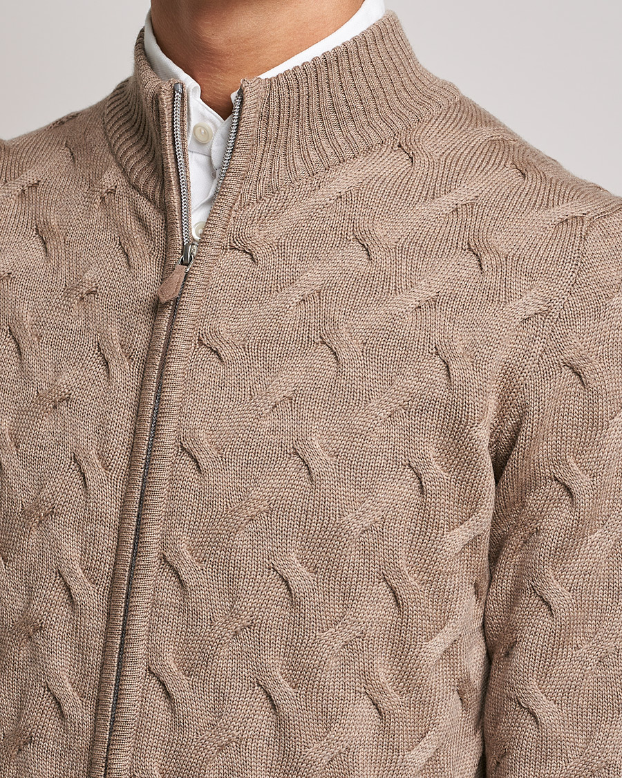 Herr | Tröjor | Stenströms | Heavy Cable Merino Full Zip Cardigan Camel