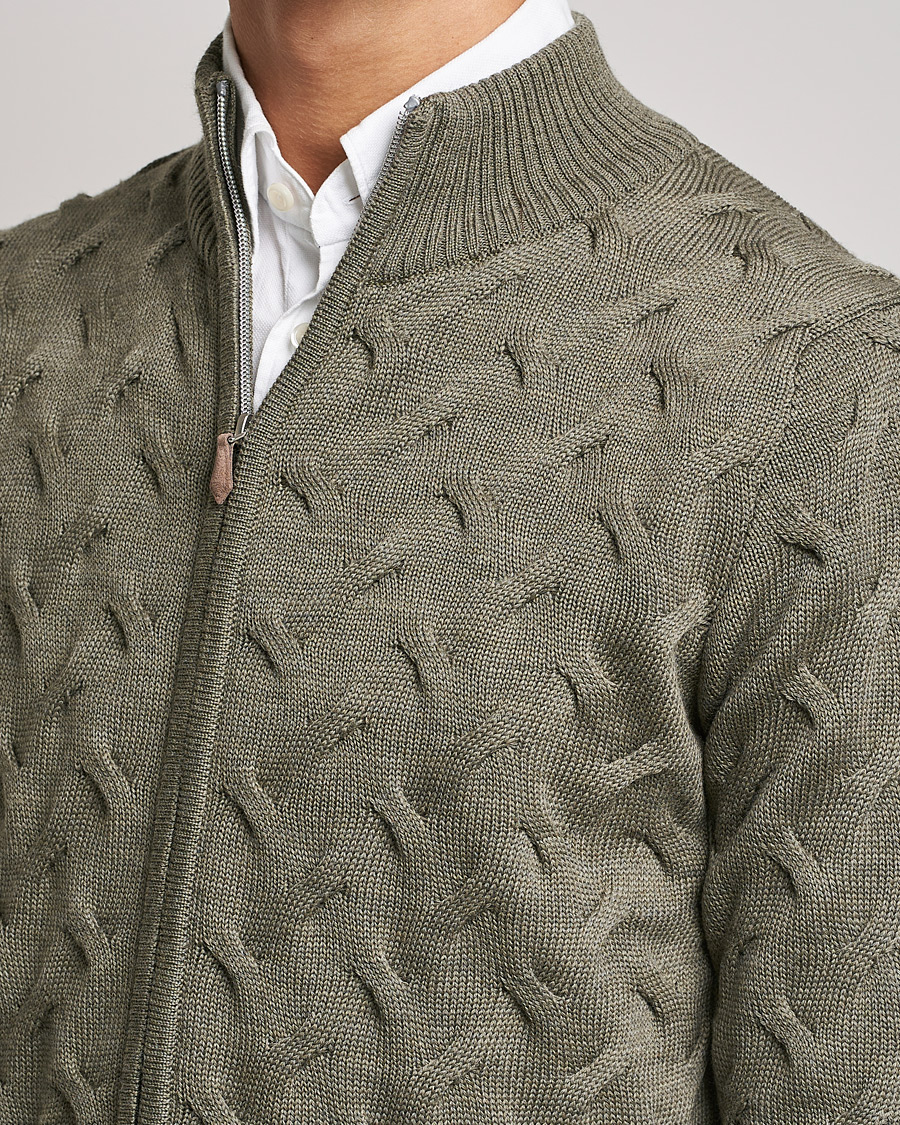 Herr | Tröjor | Stenströms | Heavy Cable Merino Full Zip Cardigan Olive