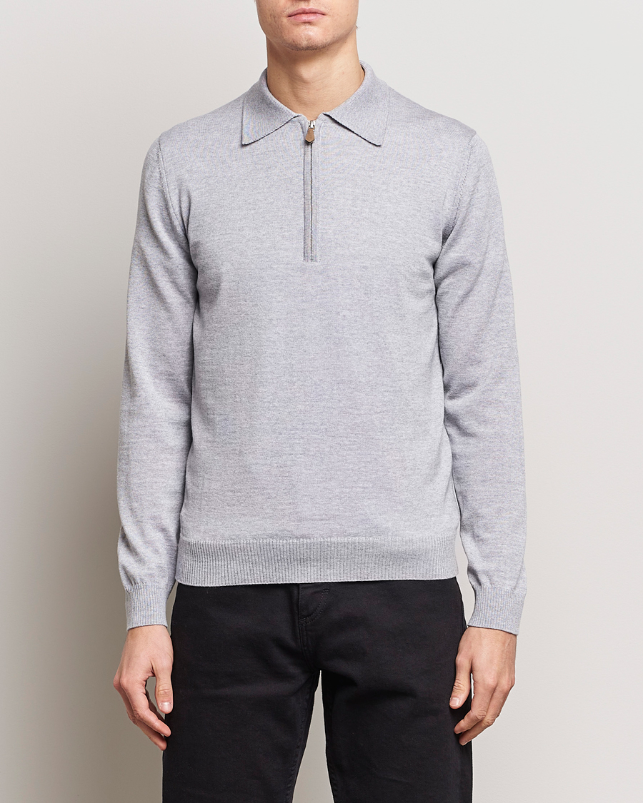 Herr | Tröjor | Stenströms | Merino Wool Zip Polo Light Grey