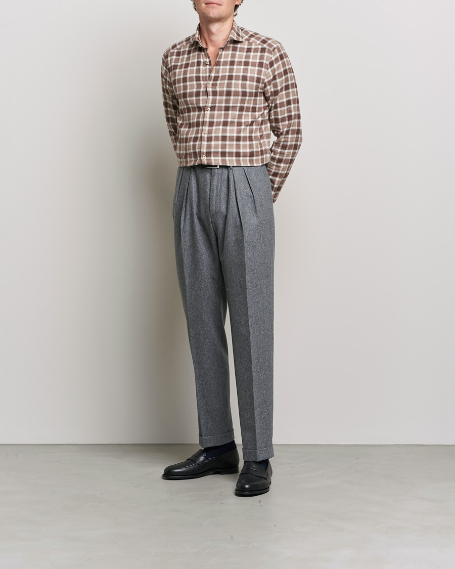 Herr | Skjortor | Stenströms | Slimline Checked Flannel Shirt Brown