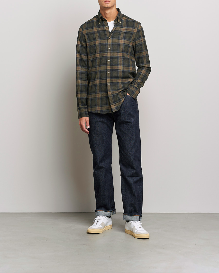 Herr | Skjortor | Stenströms | Slimline Checked Flannel Shirt Dark Green