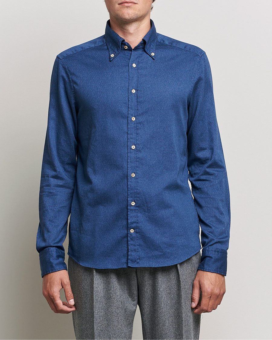 Herr |  | Stenströms | Slimline Button Down Printed Oxford Shirt Indigo Blue