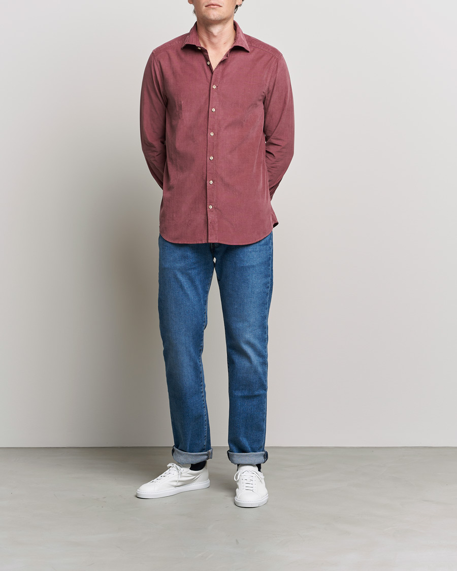 Herr | Skjortor | Stenströms | Slimline Washed Cut Away Corduroy Shirt Wine Red