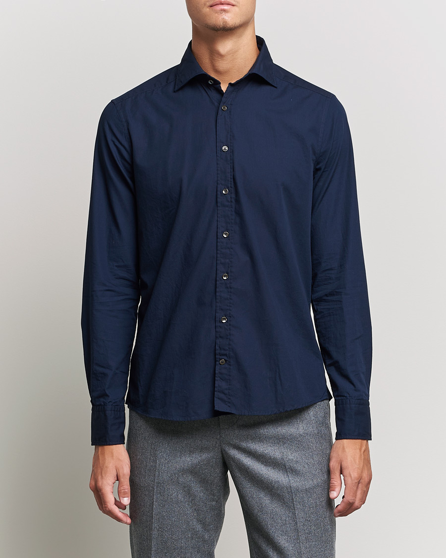 Herr | Skjortor | Stenströms | Slimline Washed Cut Away Poplin Shirt Navy