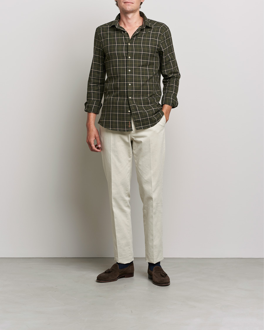 Herr | Skjortor | Stenströms | Slimline Cut Away Washed Checked Shirt Dark Green