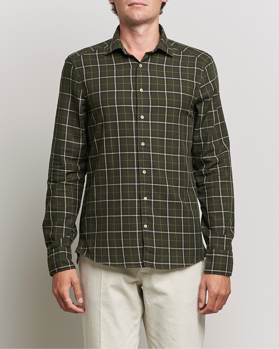 Herr | Skjortor | Stenströms | Slimline Cut Away Washed Checked Shirt Dark Green