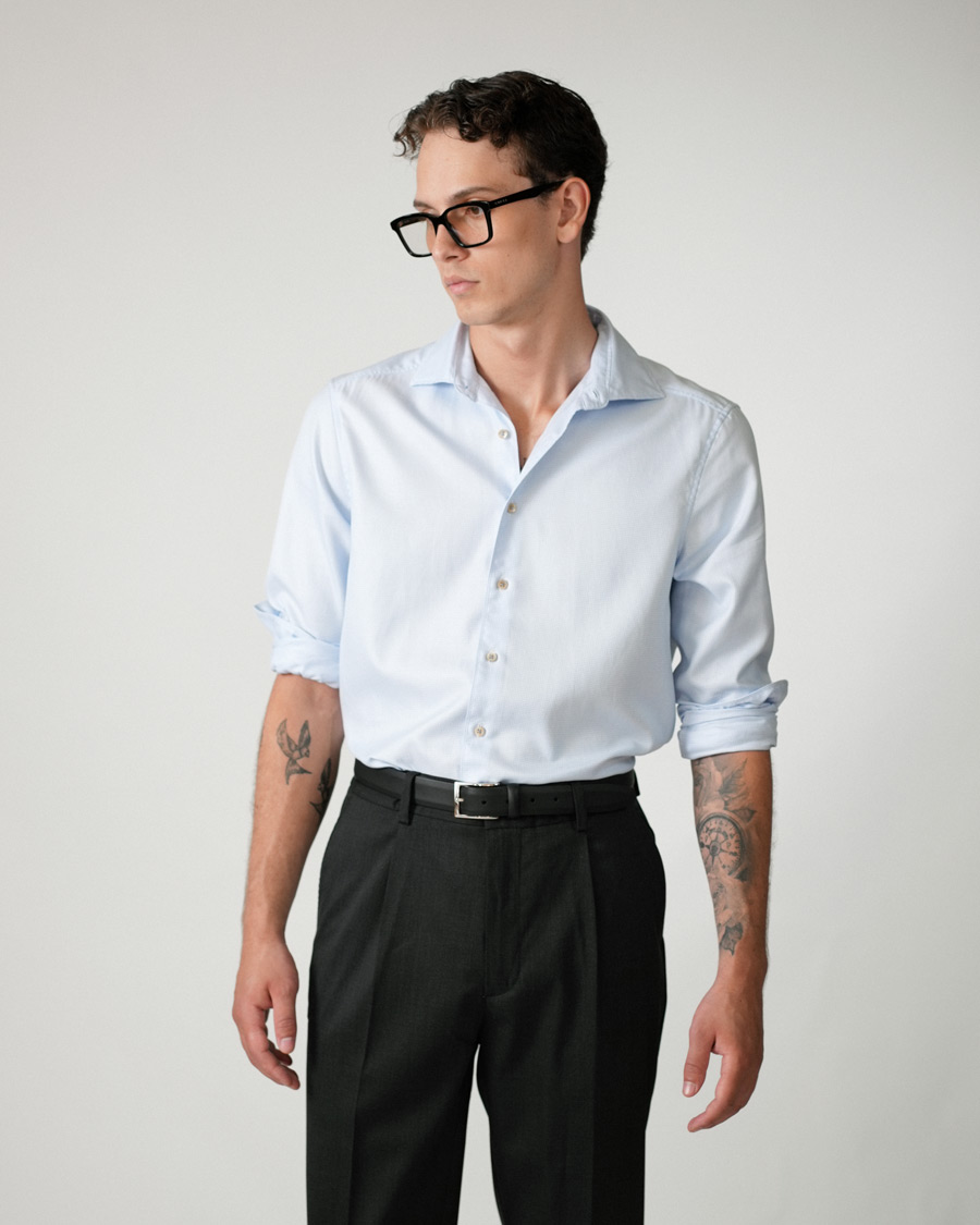 Herr | Skjortor | Stenströms | Slimline Cut Away Washed Houndstooth Shirt Light Blue