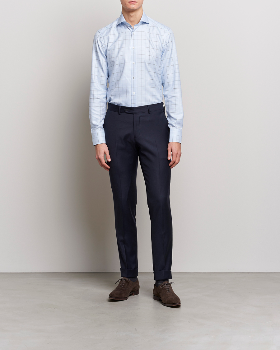 Herr | Businesskjortor | Stenströms | Slimline Cut Away Windowpane Shirt Blue