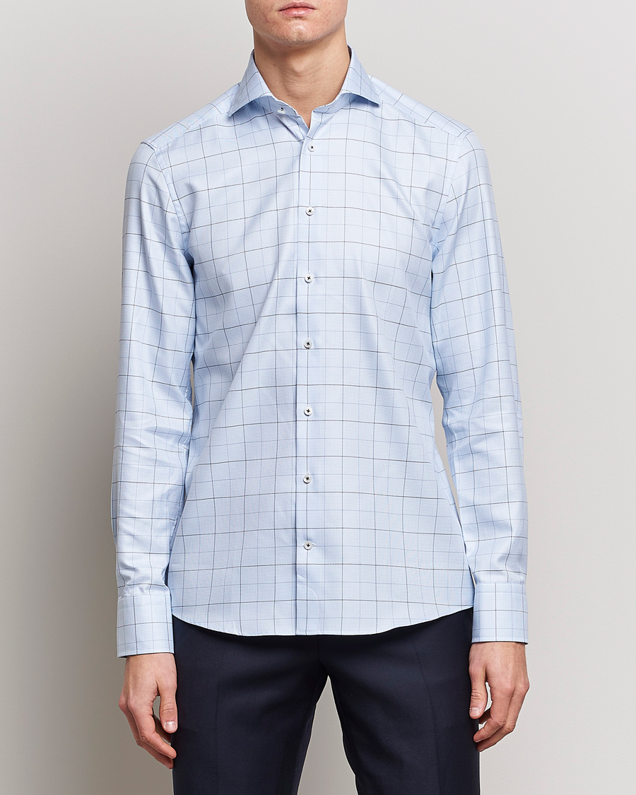 Herr |  | Stenströms | Slimline Cut Away Windowpane Shirt Blue