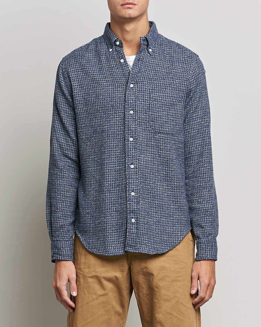 Herr | Skjortor | Gitman Vintage | Button Down Houndstooth Flannel Shirt Dark Blue