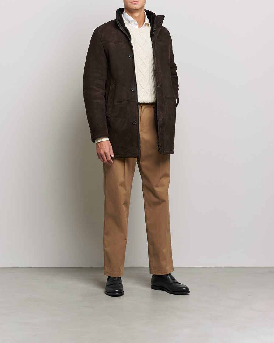 Herr | Jackor | Oscar Jacobson | Carling Sherling Suede Coat Dark Brown