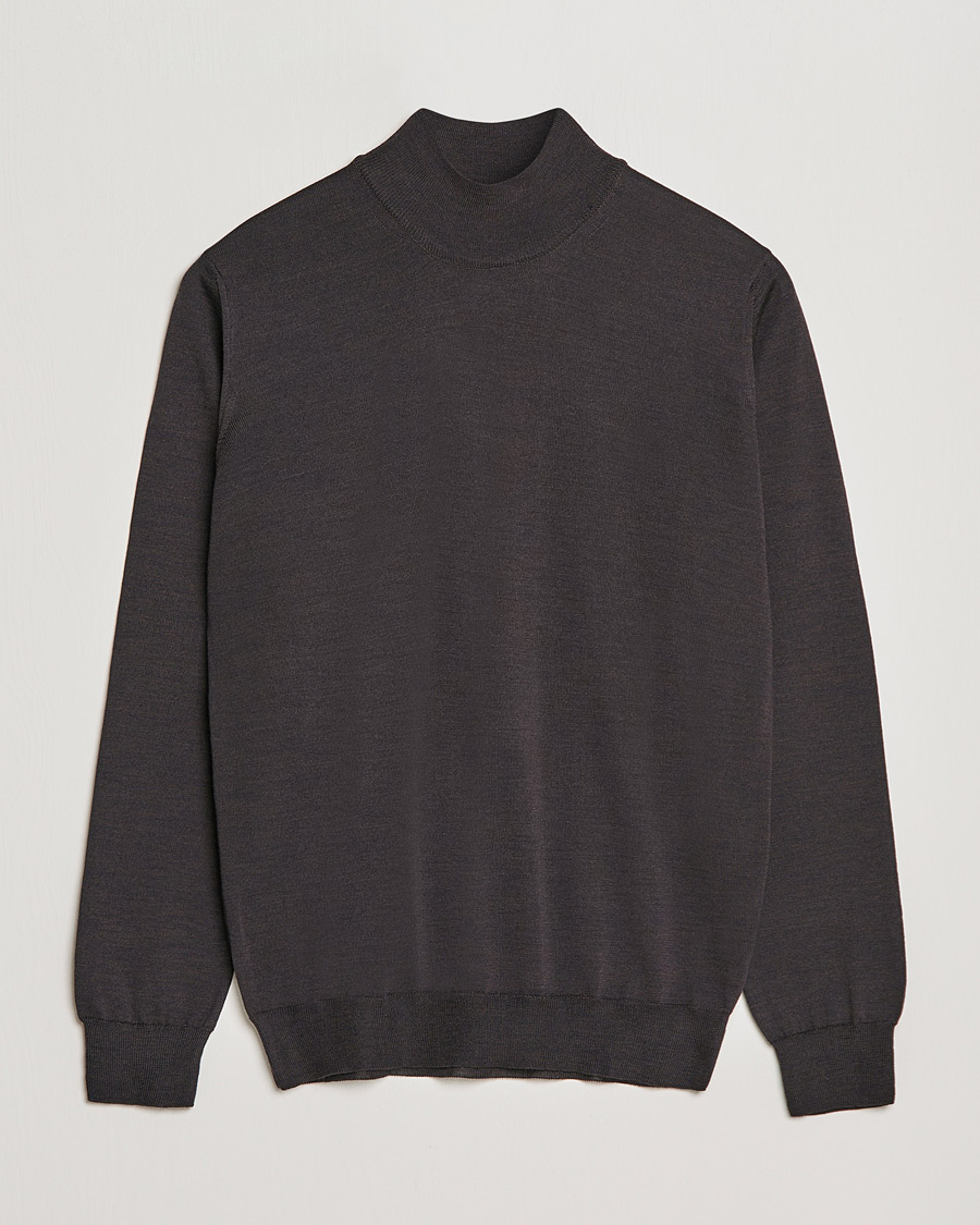 Herr | Tröjor | Oscar Jacobson | Hilton Extrafine Merino Mock Neck Brown
