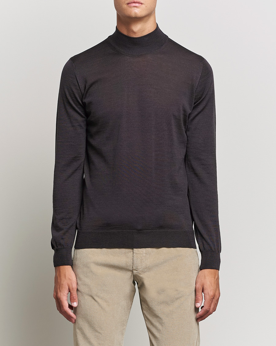 Herr | Tröjor | Oscar Jacobson | Hilton Extrafine Merino Mock Neck Brown