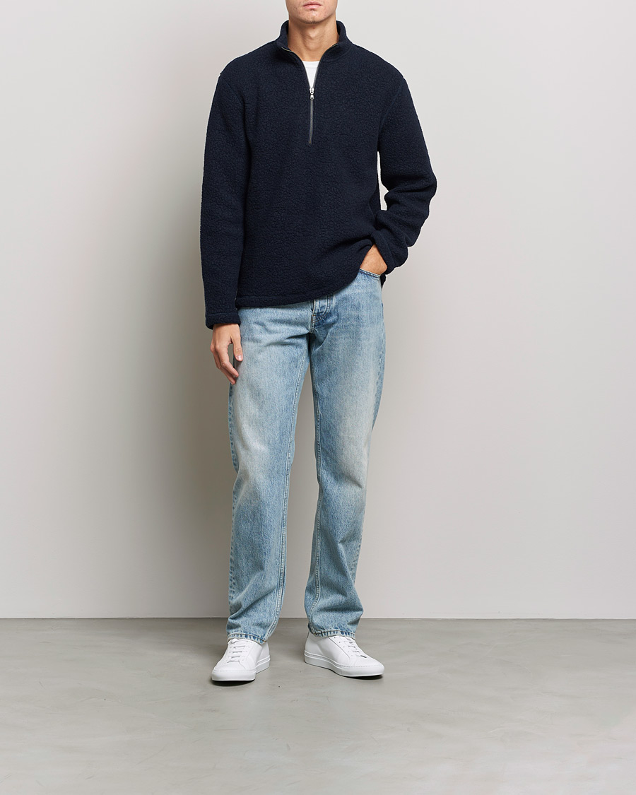 Herr | Tröjor | Sunspel | Eco Wool Half Zip Fleece Navy
