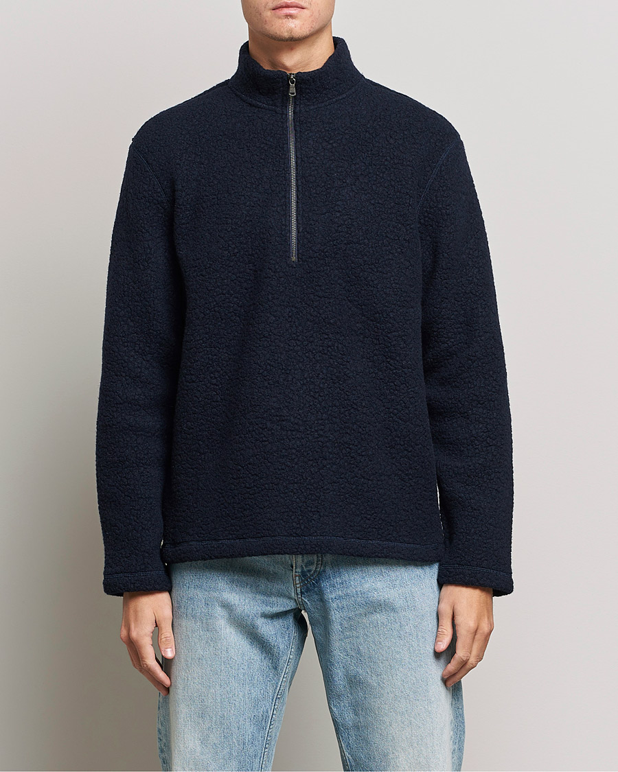 Herr | Fleecetröjor | Sunspel | Eco Wool Half Zip Fleece Navy