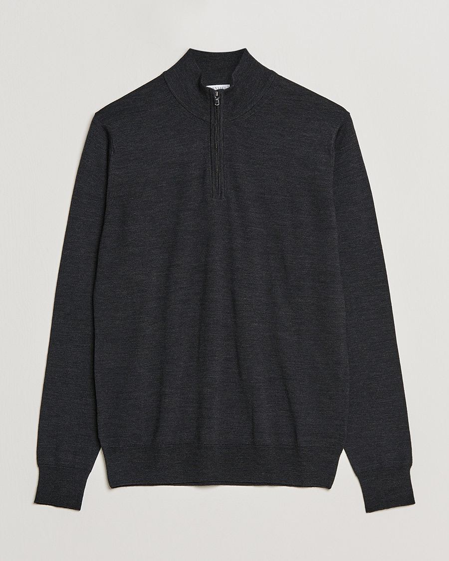 Herr | Tröjor | Sunspel | Merino Half Zip Sweater Charcoal Melange