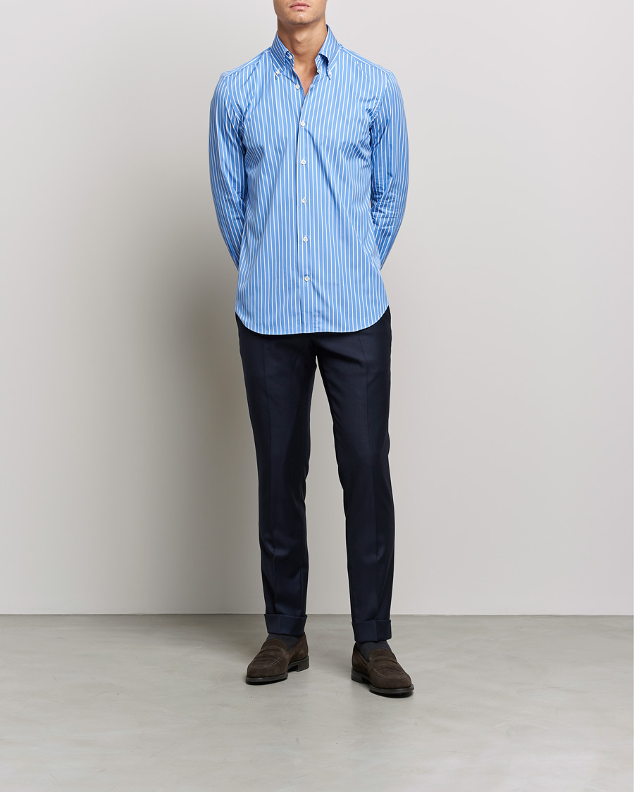 Herr | Skjortor | Mazzarelli | Soft Button Down Stripe Shirt Blue/White