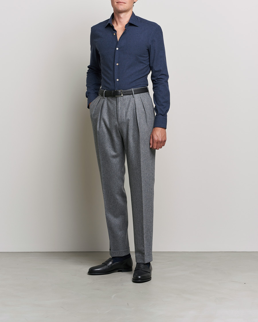 Herr | Skjortor | Mazzarelli | Soft Flannel Shirt Navy