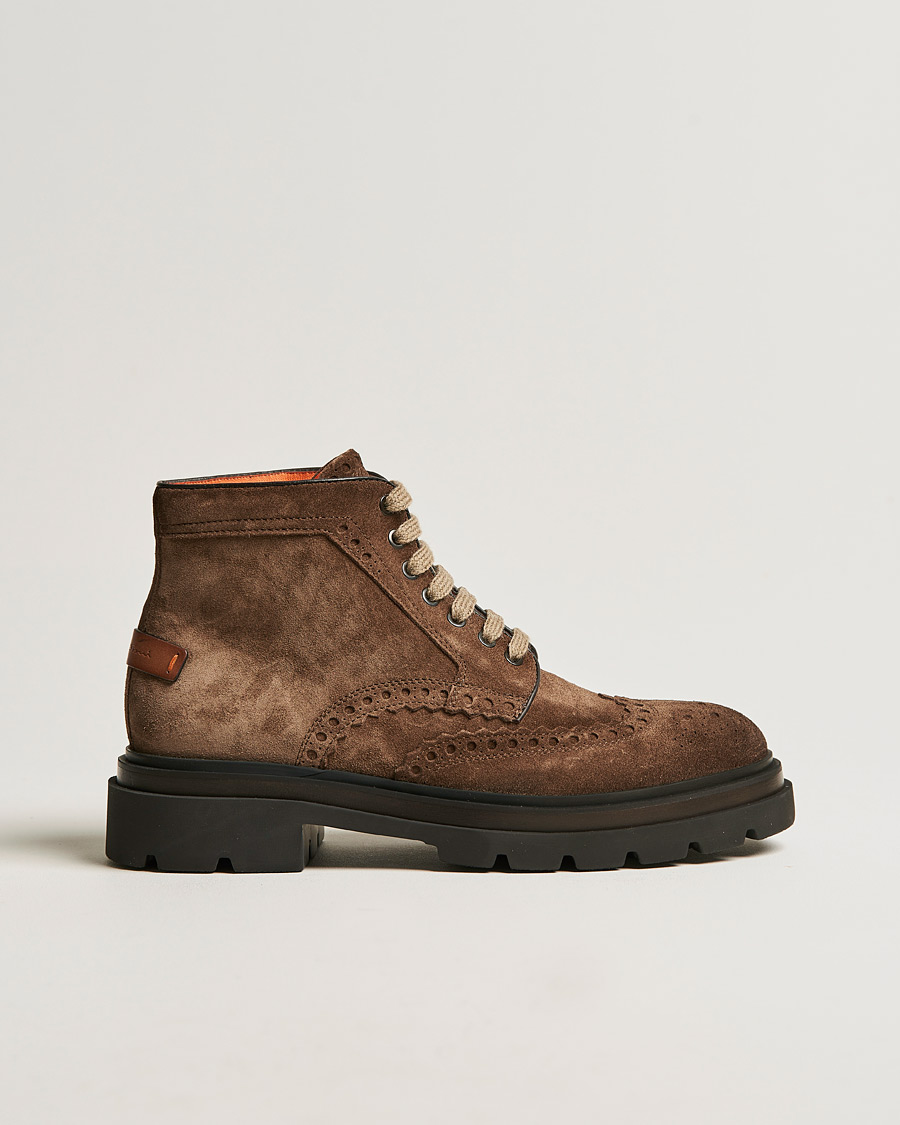 Herr | Santoni Brogue Winter Boot Dark Brown Suede | Santoni | Brogue Winter Boot Dark Brown Suede