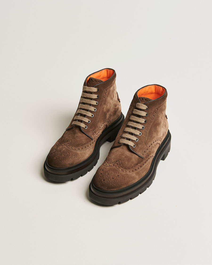 Herr | Santoni Brogue Winter Boot Dark Brown Suede | Santoni | Brogue Winter Boot Dark Brown Suede