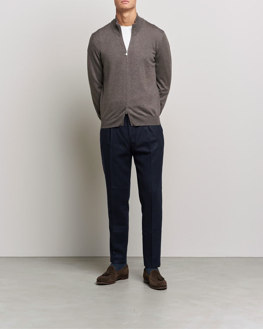 Herr | Tröjor | Gran Sasso | Merino Fashion Fit Full Zip Mud Brown