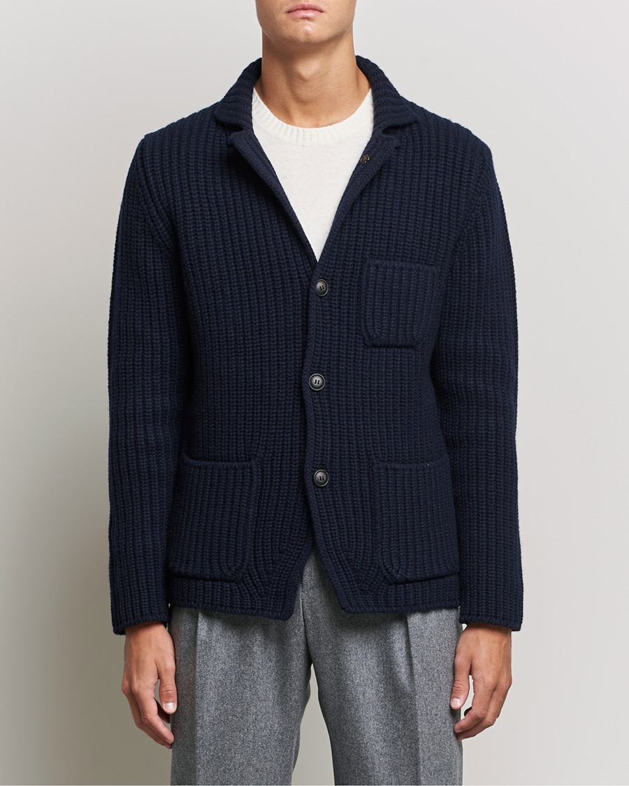 Herr | Gran Sasso | Gran Sasso | Heavy Wool Knitted Blazer Cardigan Navy