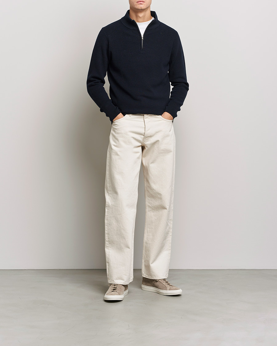 Herr | Tröjor | Merz b. Schwanen | Merino Wool Half Zip Dark Navy